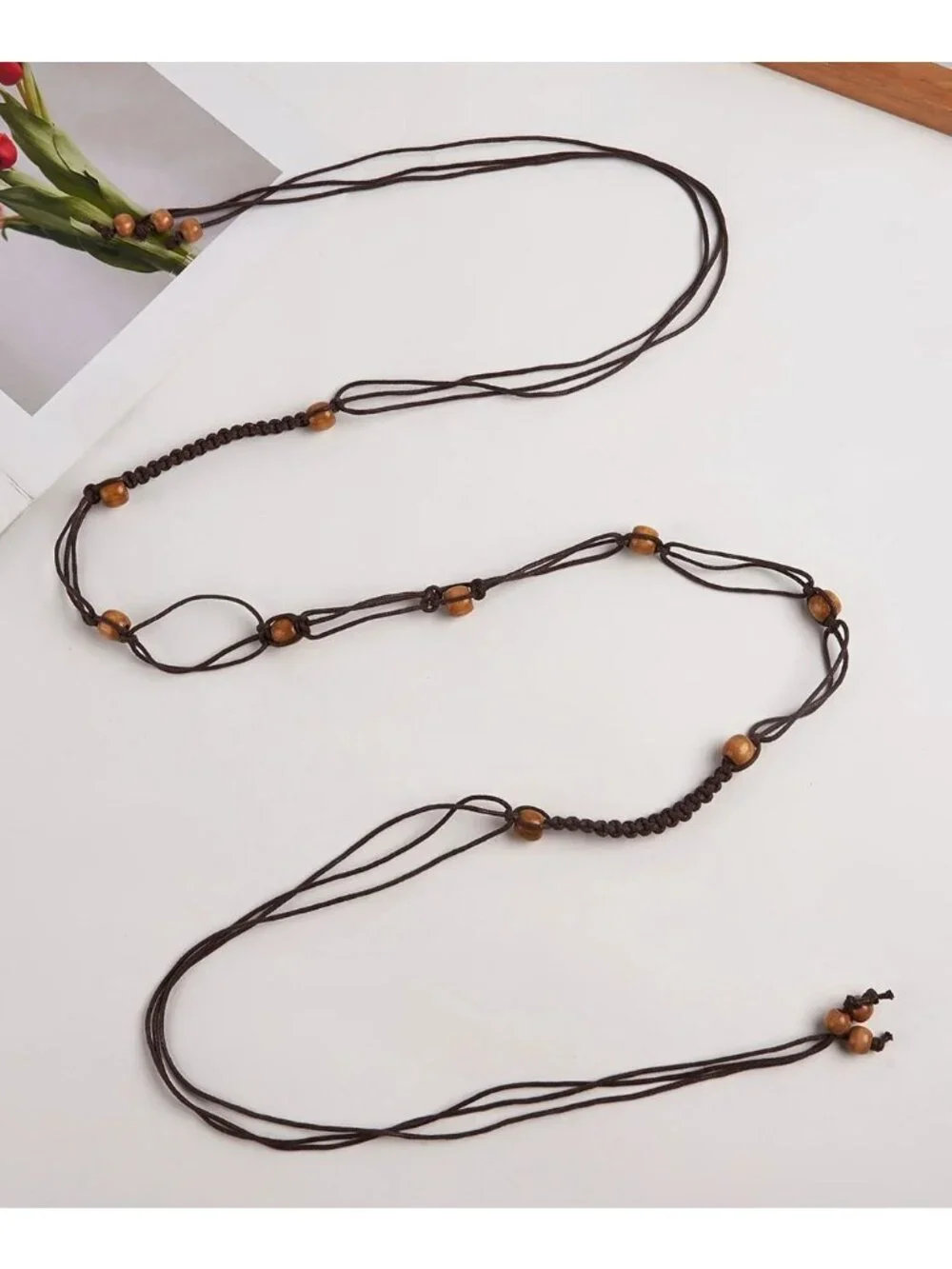 Dark Brown Braided Rope Wrap-Around Belt With Wooden Beads